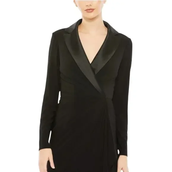 Mac Duggal Black Faux Tuxedo Long Sleeve Formal Gown Size 6 NWT - Picture 3 of 12